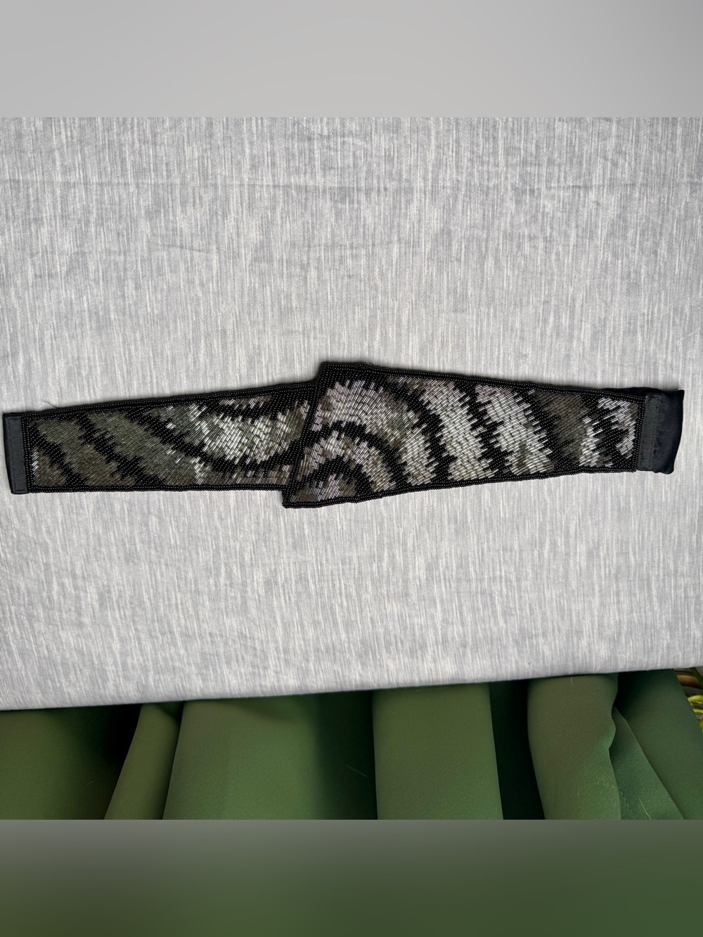Lindsey Blake Wide Beaded Cummerbund Sash Belt Black Silver Vintage 80s